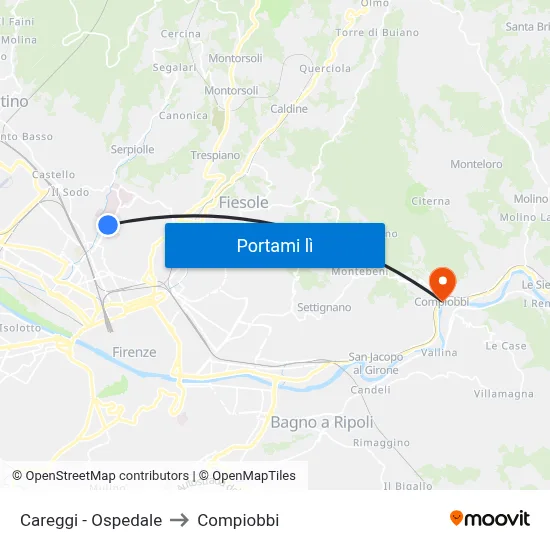 Careggi - Ospedale to Compiobbi map