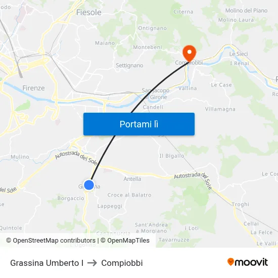 Grassina Umberto I to Compiobbi map
