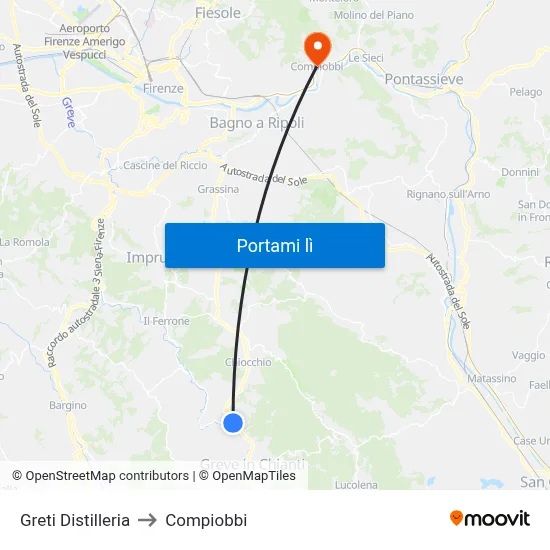 Greti Distilleria to Compiobbi map