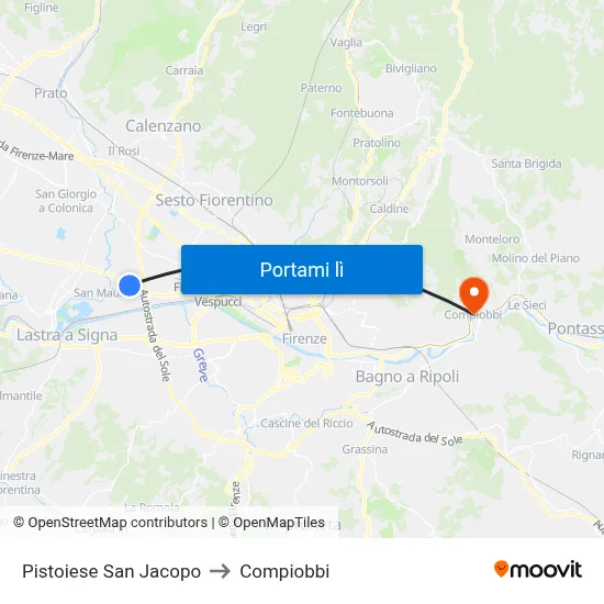 Pistoiese San Jacopo to Compiobbi map