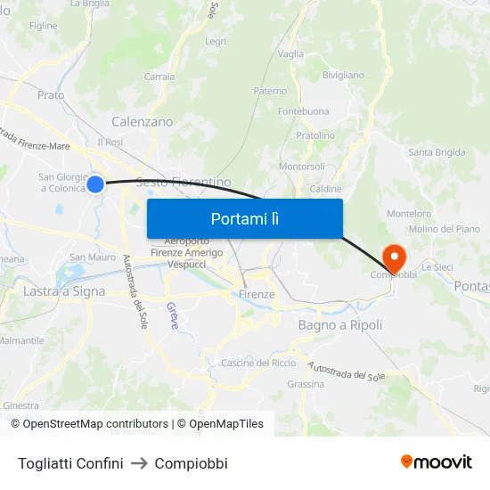 Togliatti Confini to Compiobbi map