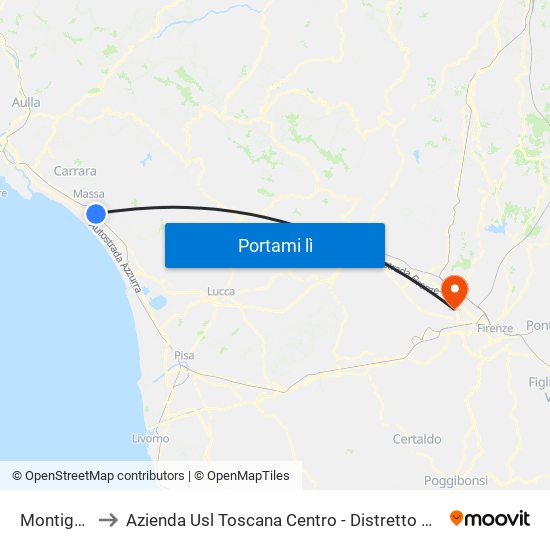 Montignoso to Azienda Usl Toscana Centro - Distretto Campi Bisenzio map