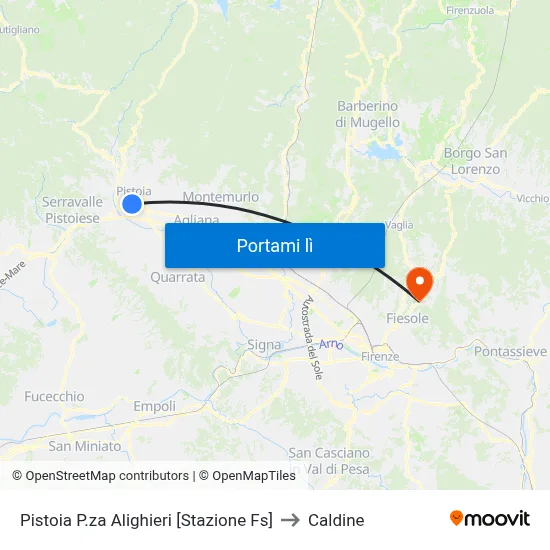 Pistoia P.za Alighieri [Stazione Fs] to Caldine map
