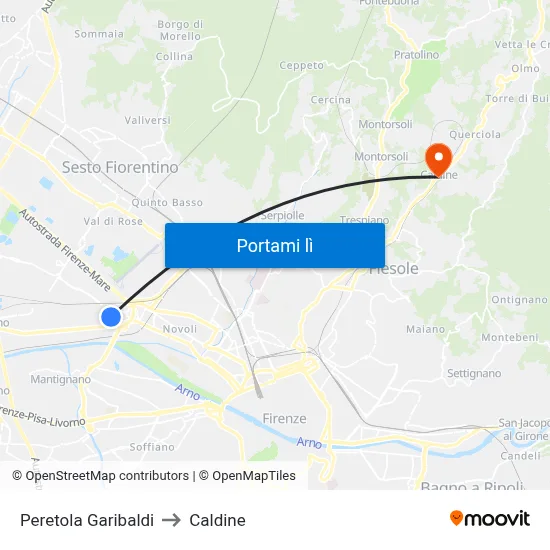 Peretola Garibaldi to Caldine map