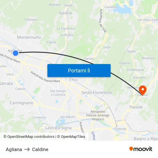 Agliana to Caldine map