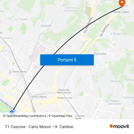 T1 Cascine - Carlo Monni to Caldine map