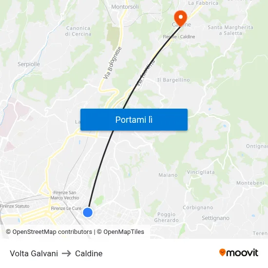 Volta Galvani to Caldine map