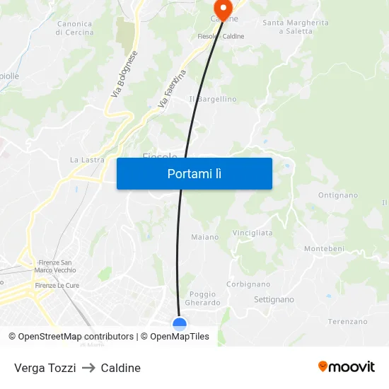Verga Tozzi to Caldine map