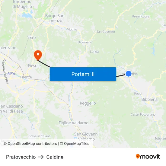 Pratovecchio to Caldine map