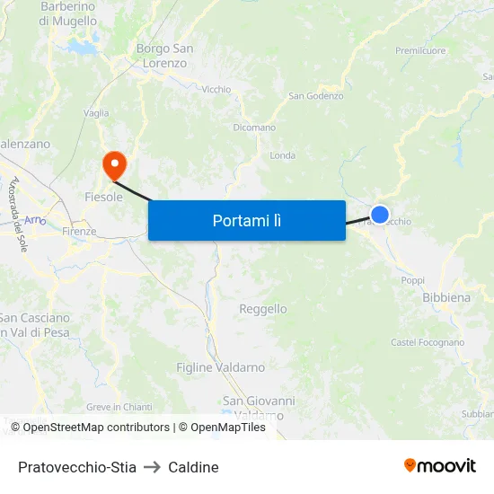 Pratovecchio-Stia to Caldine map
