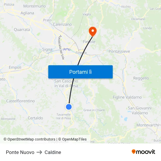 Ponte Nuovo to Caldine map