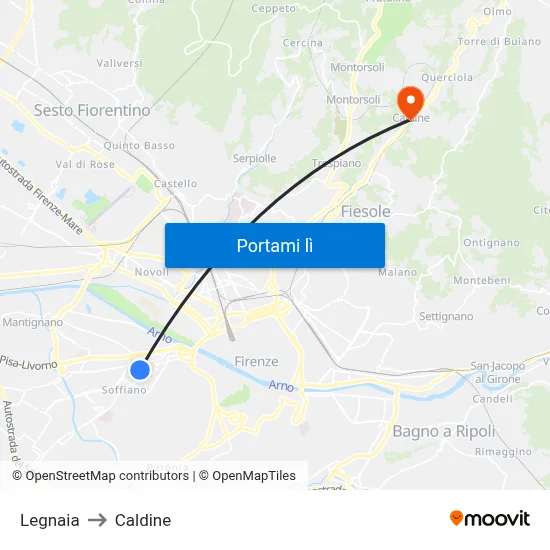 Legnaia to Caldine map