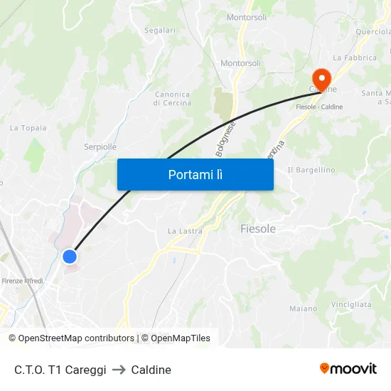 C.T.O. T1 Careggi to Caldine map