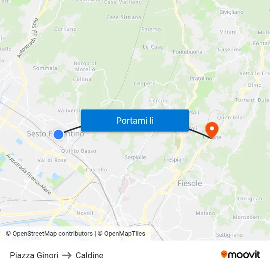 Piazza Ginori to Caldine map