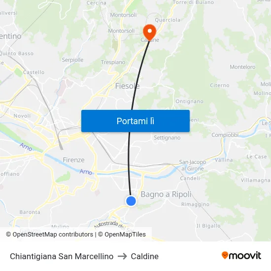 Chiantigiana San Marcellino to Caldine map