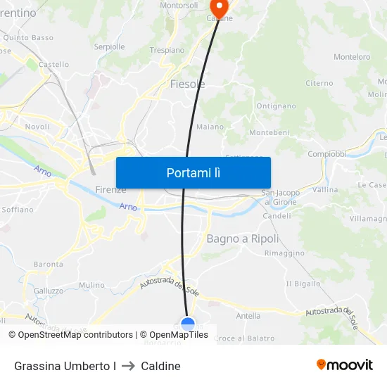 Grassina Umberto I to Caldine map