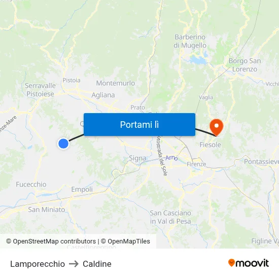 Lamporecchio to Caldine map