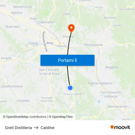 Greti Distilleria to Caldine map