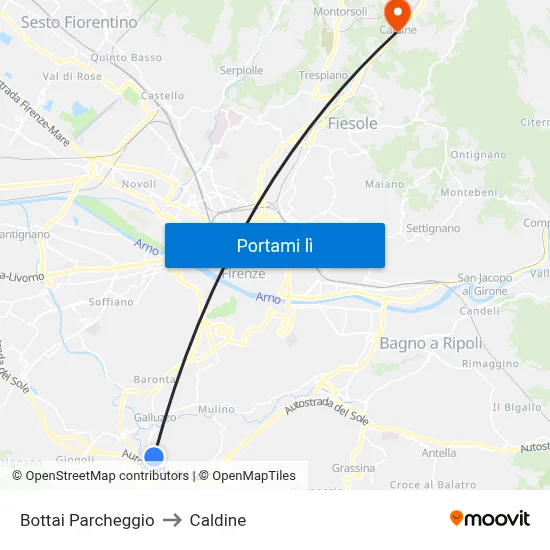 Bottai Parcheggio to Caldine map