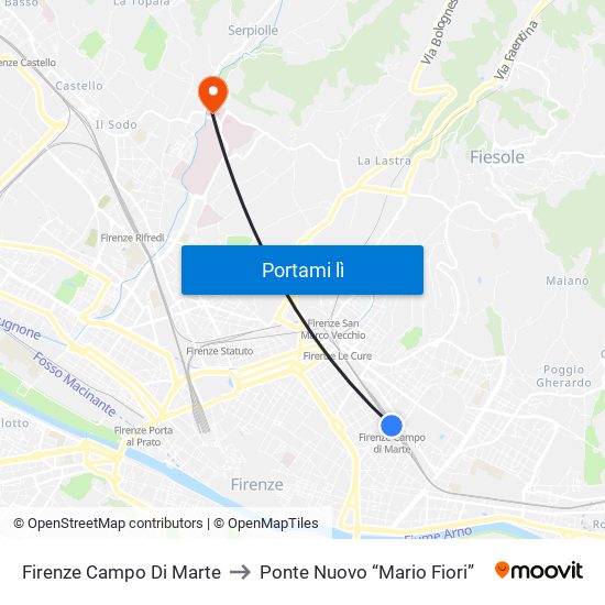 Firenze Campo Di Marte to Ponte Nuovo “Mario Fiori” map