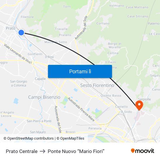 Prato Centrale to Ponte Nuovo “Mario Fiori” map