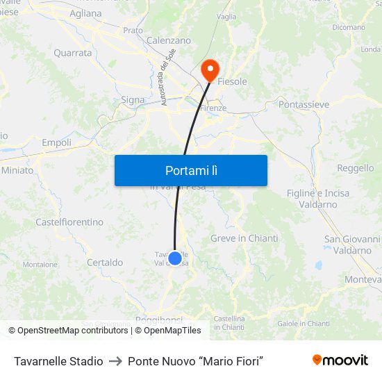 Tavarnelle Stadio to Ponte Nuovo “Mario Fiori” map