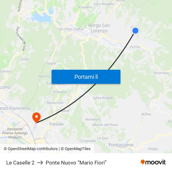 Le Caselle 2 to Ponte Nuovo “Mario Fiori” map