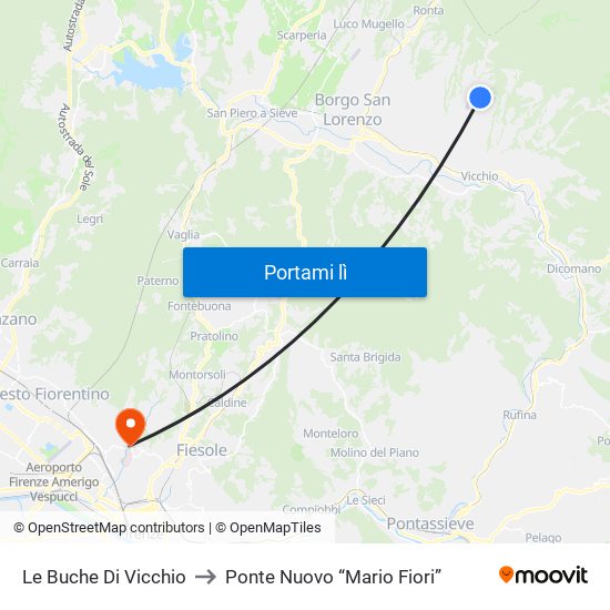 Le Buche Di Vicchio to Ponte Nuovo “Mario Fiori” map