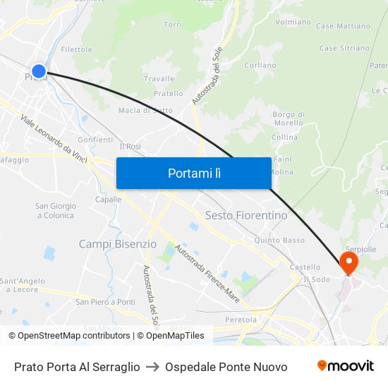 Prato Porta Al Serraglio to Ospedale Ponte Nuovo map