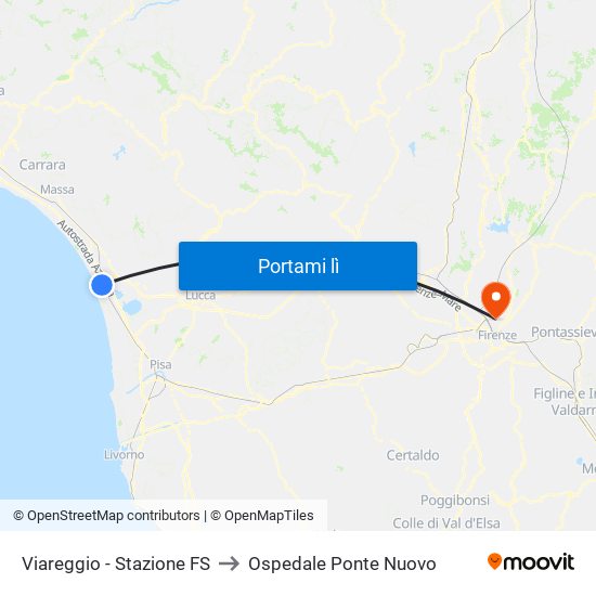 Viareggio Stazione FS to Ospedale Ponte Nuovo map