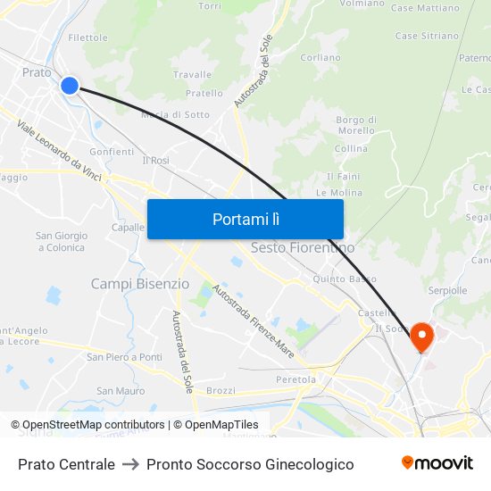 Prato Centrale to Pronto Soccorso Ginecologico map