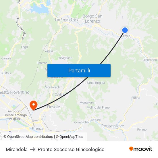 Mirandola to Pronto Soccorso Ginecologico map