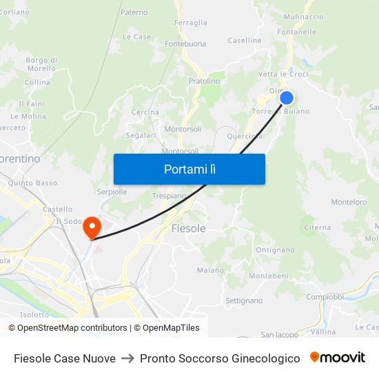 Fiesole Case Nuove to Pronto Soccorso Ginecologico map