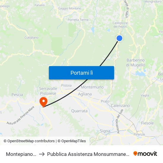 Montepiano 2 to Pubblica Assistenza Monsummanese map