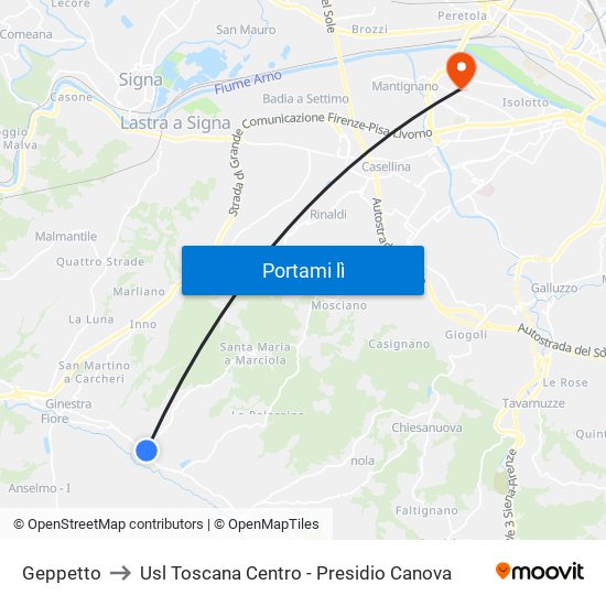Geppetto to Usl Toscana Centro - Presidio Canova map