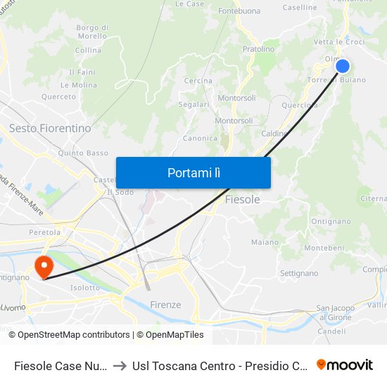 Fiesole Case Nuove to Usl Toscana Centro - Presidio Canova map