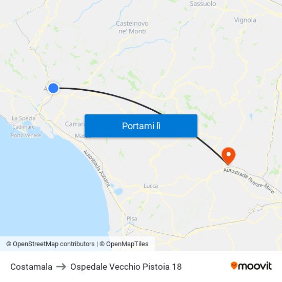 Costamala to Ospedale Vecchio Pistoia 18 map