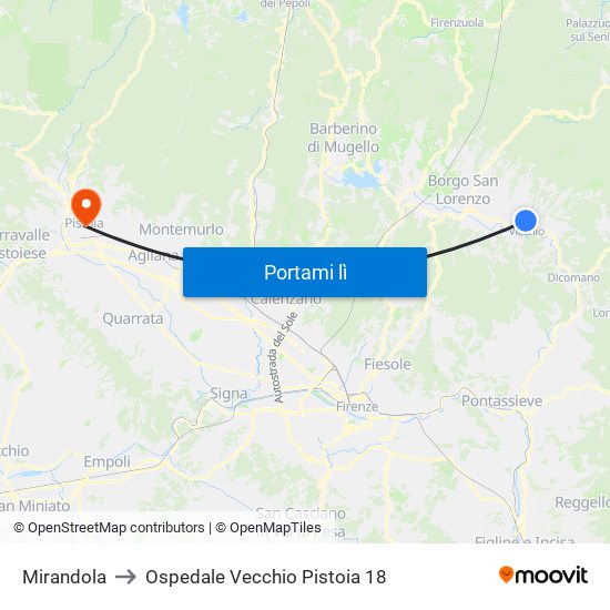 Mirandola to Ospedale Vecchio Pistoia 18 map