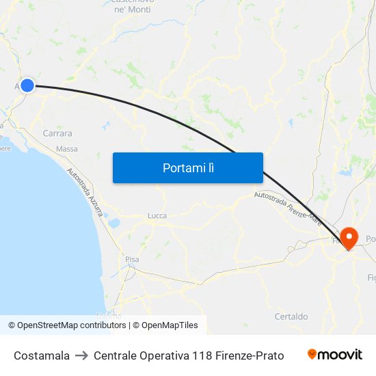 Costamala to Centrale Operativa 118 Firenze-Prato map