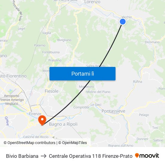 Bivio Barbiana to Centrale Operativa 118 Firenze-Prato map