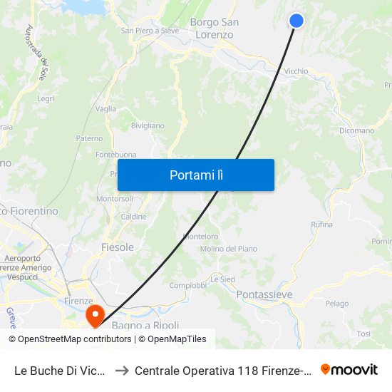 Le Buche Di Vicchio to Centrale Operativa 118 Firenze-Prato map