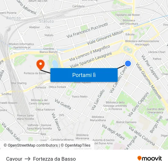 Cavour to Fortezza da Basso map