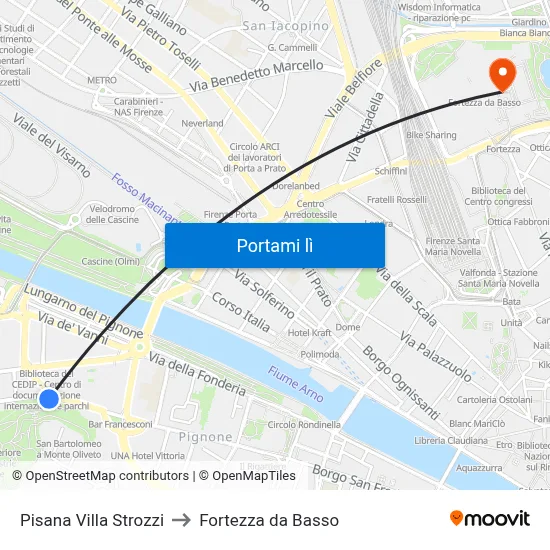 Pisana Villa Strozzi to Fortezza da Basso map