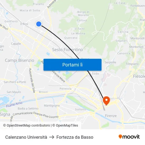 Calenzano Università to Fortezza da Basso map
