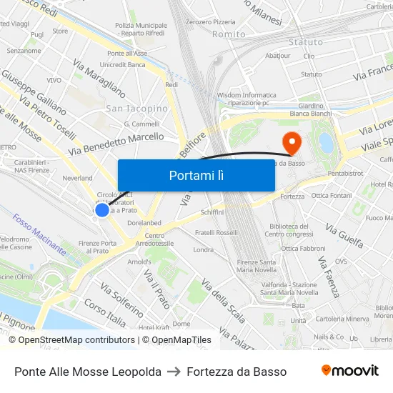 Ponte Alle Mosse Leopolda to Fortezza da Basso map