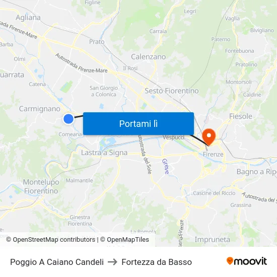 Poggio A Caiano Candeli to Fortezza da Basso map