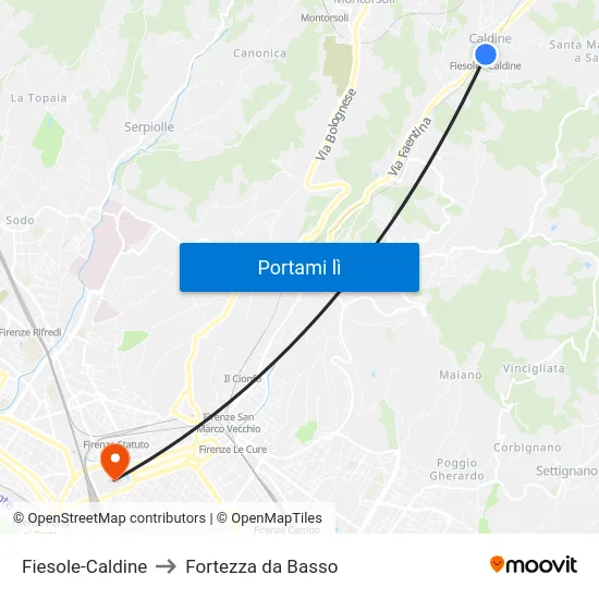 Fiesole-Caldine to Fortezza da Basso map