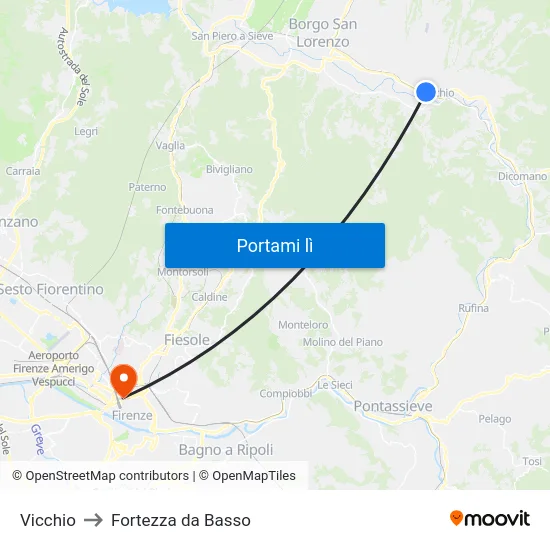 Vicchio to Fortezza da Basso map