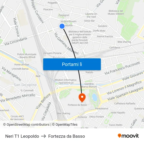 Neri T1 Leopoldo to Fortezza da Basso map