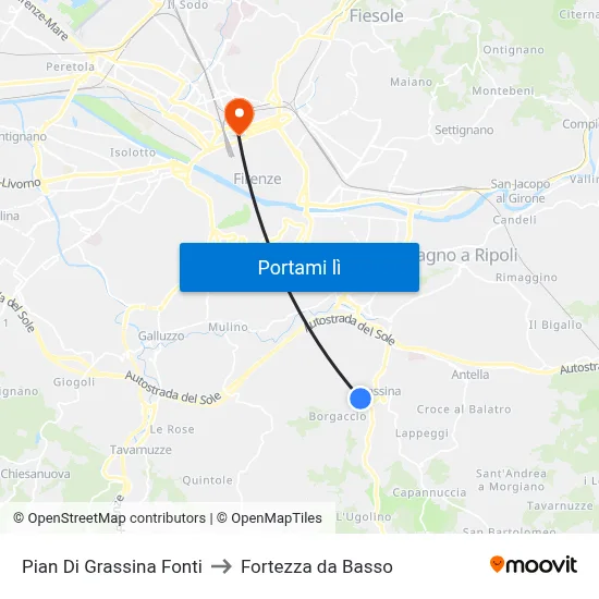 Pian Di Grassina Fonti to Fortezza da Basso map